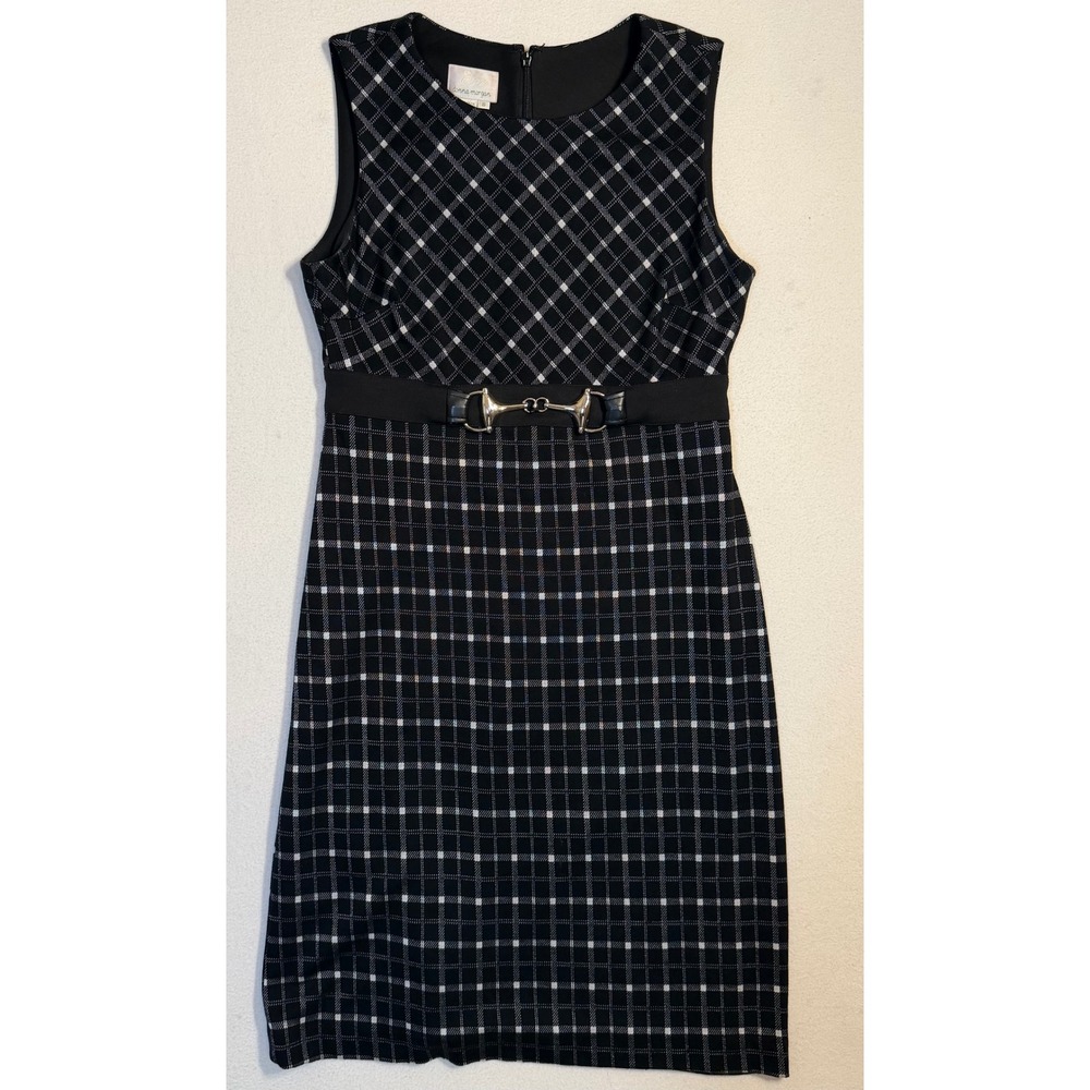 Donna Morgan Black White Plaid Horsebit Belt Sheath Dress Sleeveless Size 8